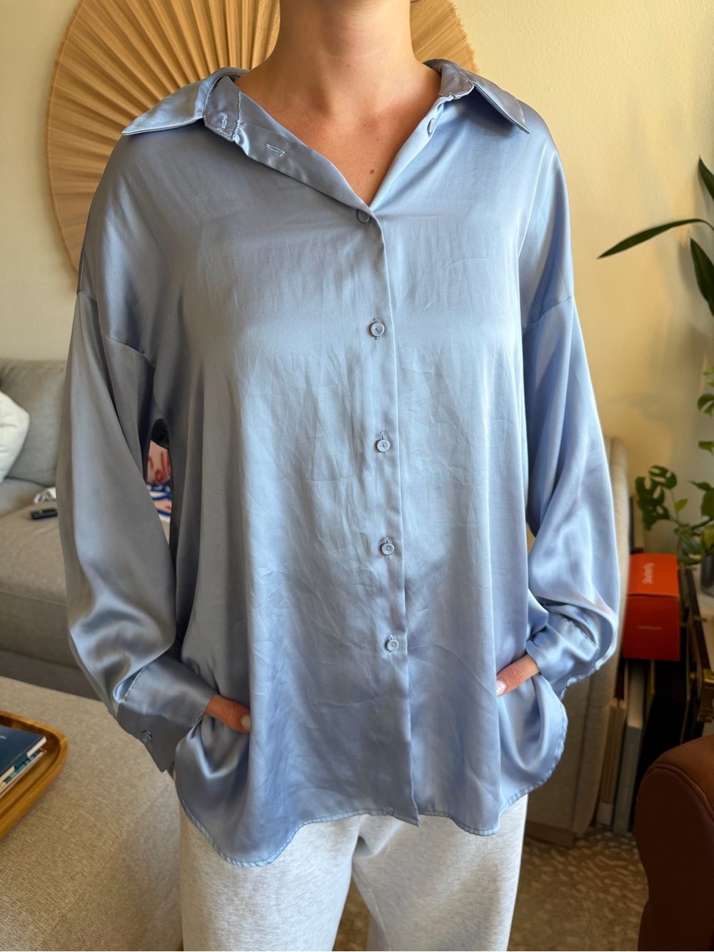 Zara Pale Blue Satin Button-Front Shirt
